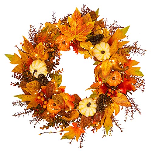 KI Store Corona de otoño con luces LED y temporizador, decoración de arce de calabaza de 20 pulgadas para cosecha, Acción de Gracias, Halloween, puerta, ventana, mesa, decoración (no preencordada) Cover