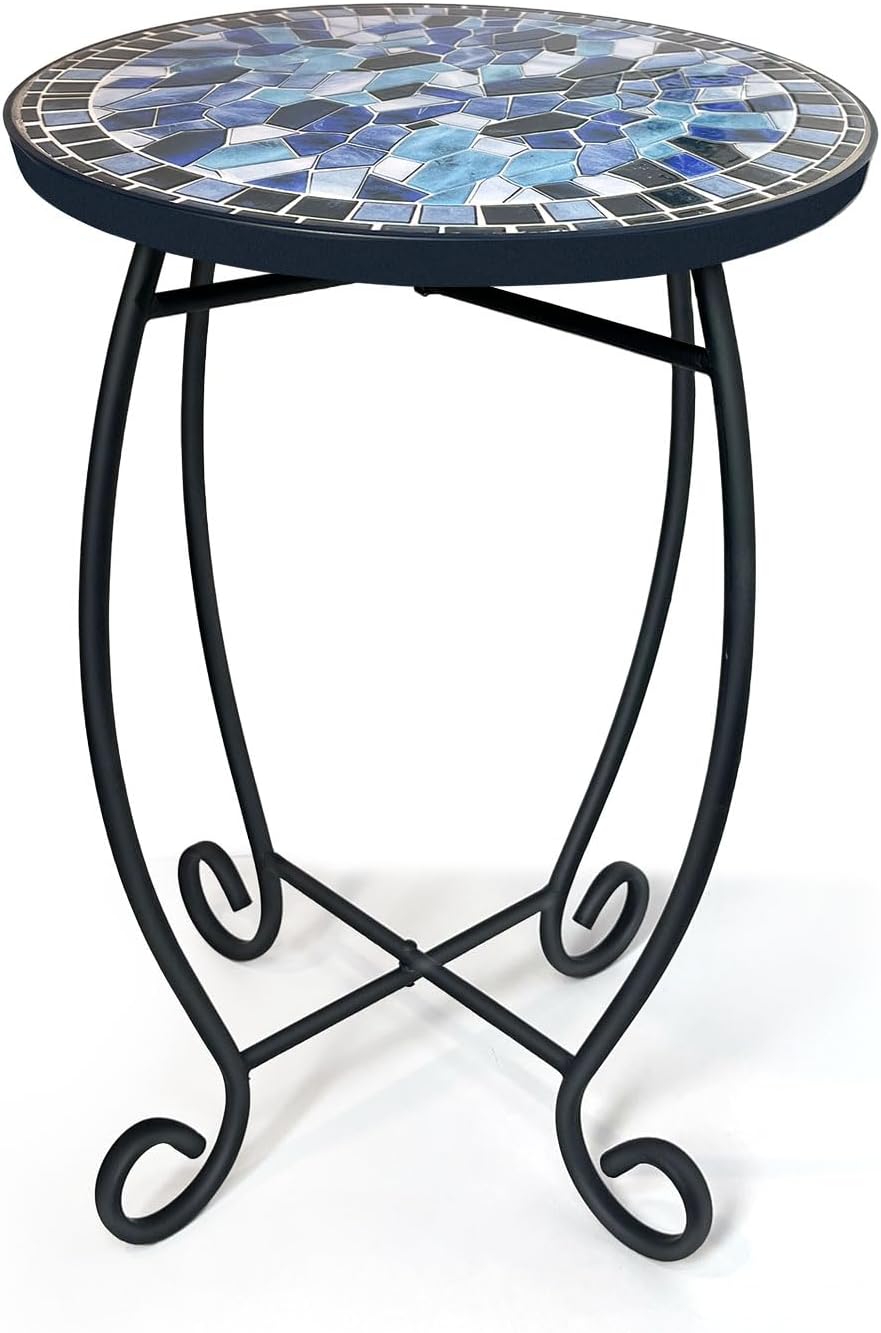 LIFFY Outdoor Side Table,12" Round Ceramic Tile Tabletop Accent Table with Metal Frame, Indoor Small Decorative Plant Stand & End Table for Home, Patio, Garden Navy Blue