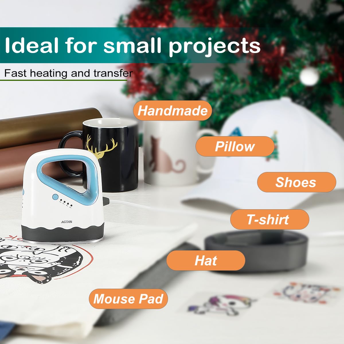 AOOIIN Mini Heißpresse für T-Shirts, Schuhe, Hüte und kleine HTV-Vinylprojekte, Mini Hitzepresse Kleine Heißpresse Mini Heat Press für Cricut Wärmeübertragung-Blau
