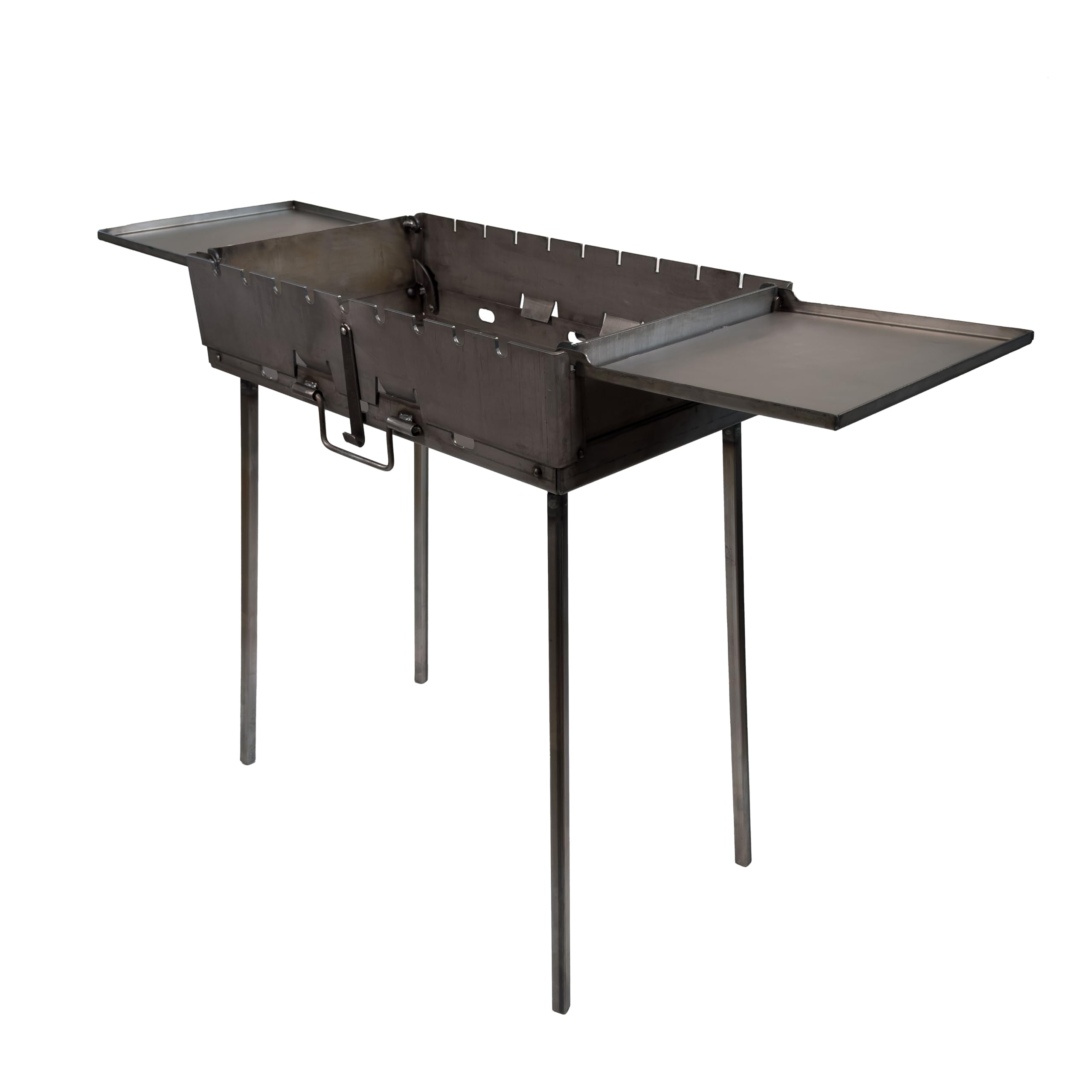 Barbecue portable Transformer avec 2 tables pliantes - Barbecue au charbon de bois pliable pour 9 brochettes - En acier de 3 mm - Pliable comme valise avec poignée - Idéal pour le jardin, le