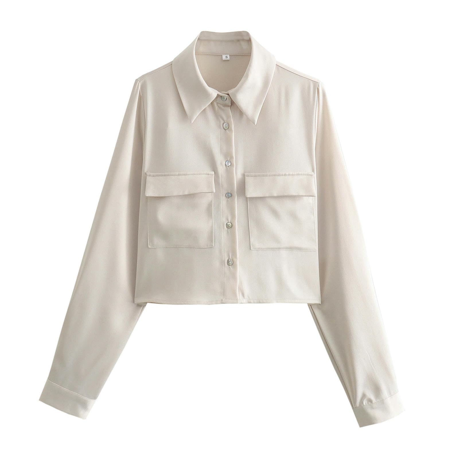 Camisa Corta con Textura Satinada Informal a la Moda para Mujer Mujer-Blanco-S
