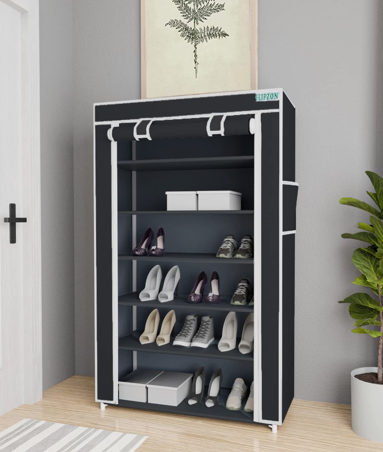 FLIPZON Premium 6-Tiers Shoe Rack/Multipurpose Storage Rack with Dustproof Cover (Iron Pipes, Non Woven Fabric, Plastic Connector) (Black)-picture-15