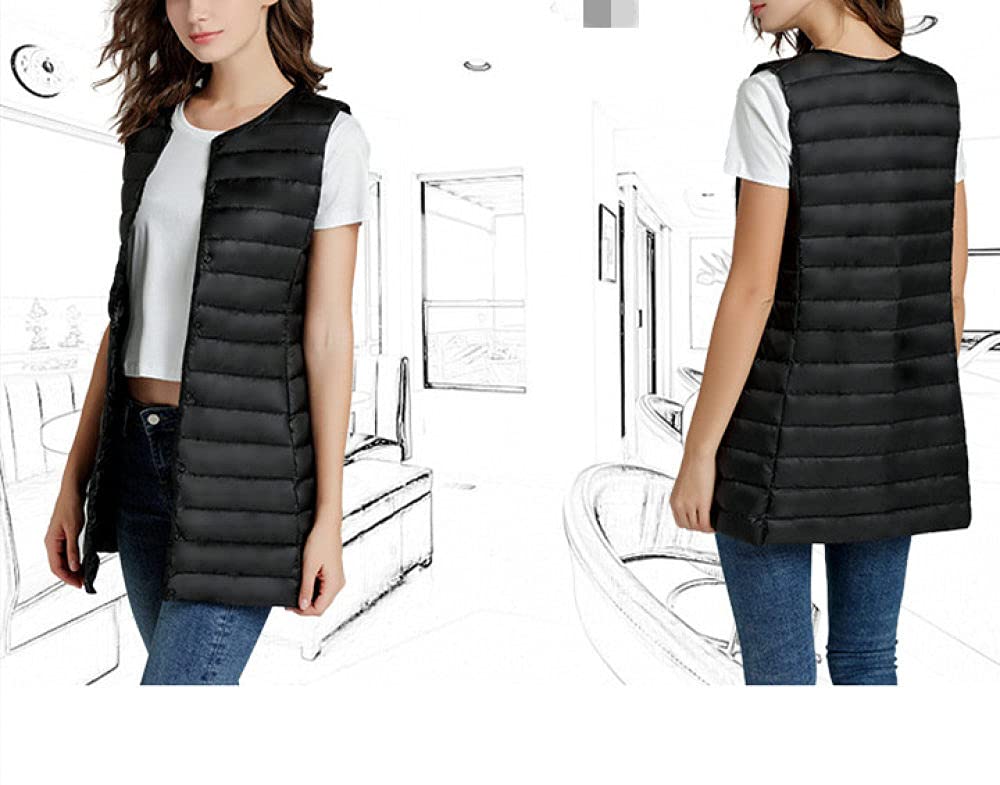 Doudoune Sans Manche Femme, Gilet En Duvet Pour Femme Noir Slim Mi-Long Léger Matelassé Sans Manches Bouton Rembourré Gilet Rembourré Manteau Bodywarmer Pour L'Hiver Quotidien Sports De Plein Ai