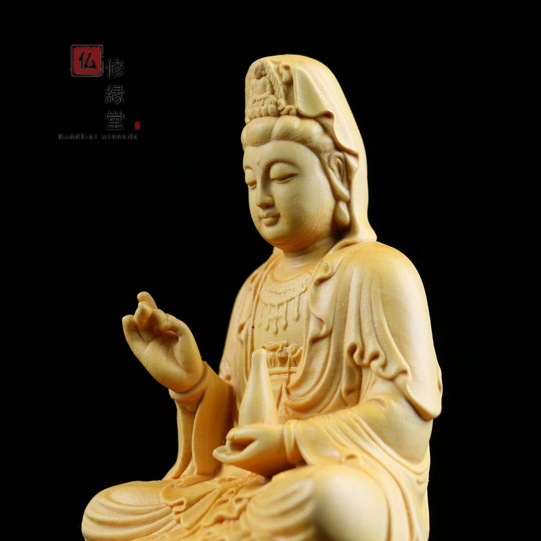 Amazon.co.jp: 修縁堂木彫り 仏像 観音菩薩座像 柘植材 仏教工芸 精密 