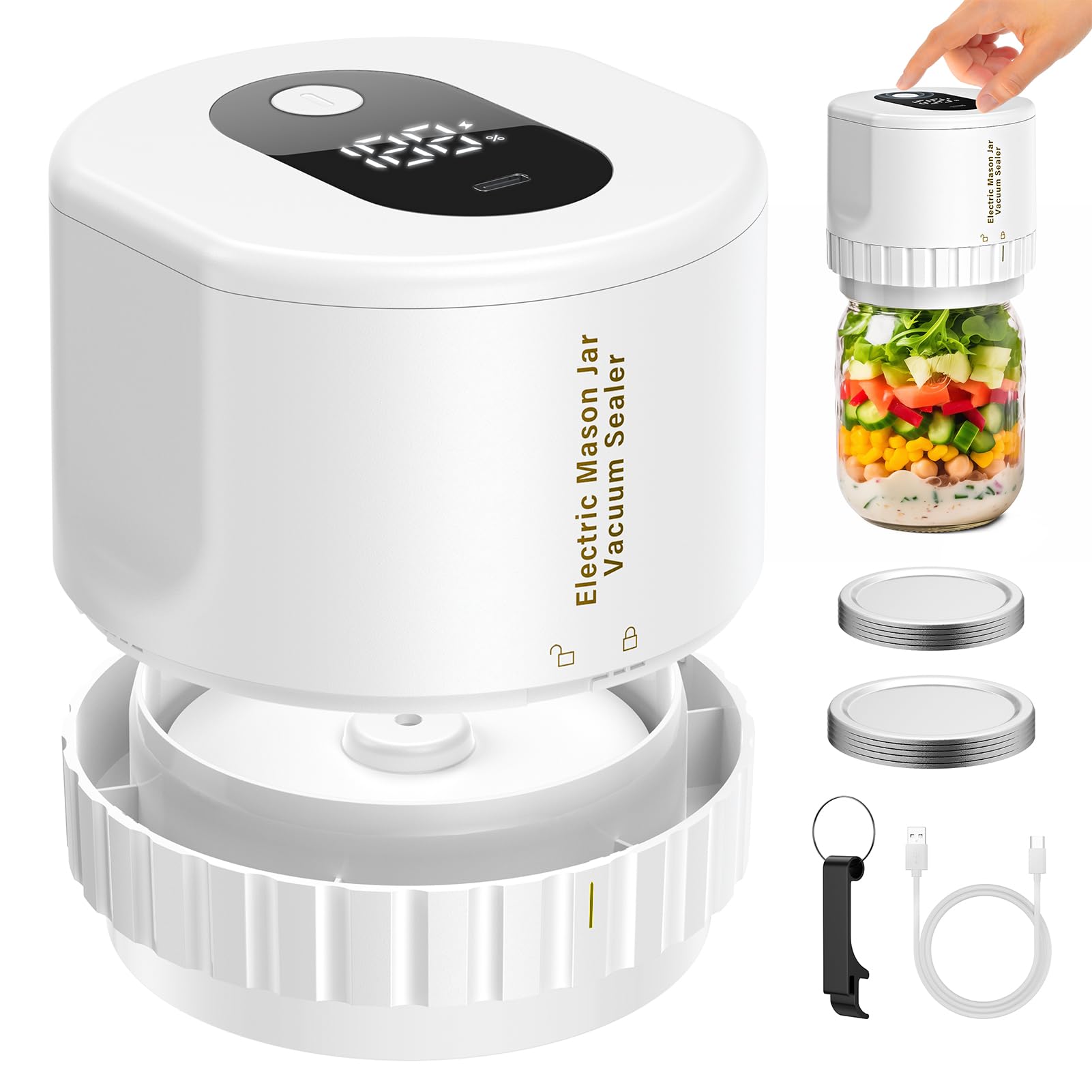 Electric Mason Jar Vacuum Sealer - Jelife Vacuum Sealing Machine with 10 Lids Kit for Mason Wide Mouth and Regular Mouth Jars, 2000mAh Rechargable Vacuum Sealer for Canning Food Saver Storage, White