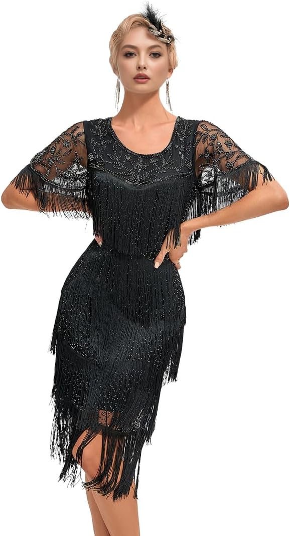 1920s Long Tassel Sleeve Flapper Beaded Great Gatsby Fringed Sequins Dress for Prom Party with 20s Accessories Set