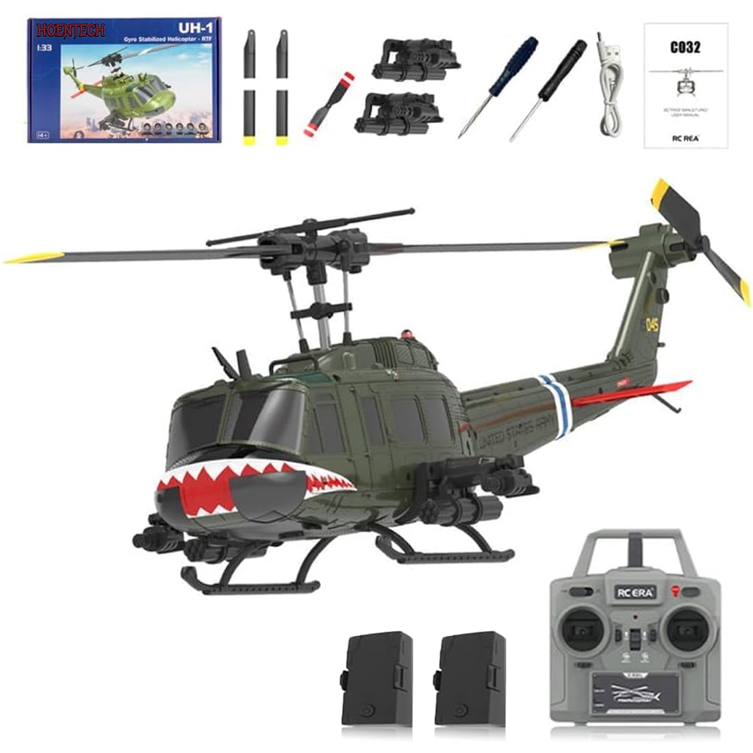 HOENTECH RC ERA C032 UH-1 Huey RC Helicopter - 2.4G 6CH Gyro Stabilized Flybarless RTF Remote Control Helicopter, 1/48 Scale RC Aircraft Model for