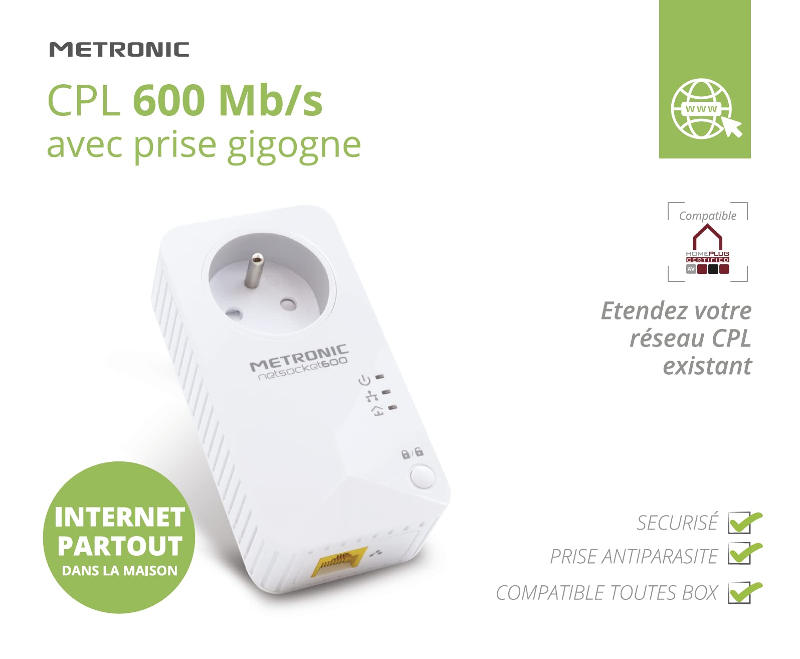 Metronic 495466 Prise CPL netsocket 600 MB/s avec 1 Port Fast Ethernet 100 MB/s et Prise gigogne