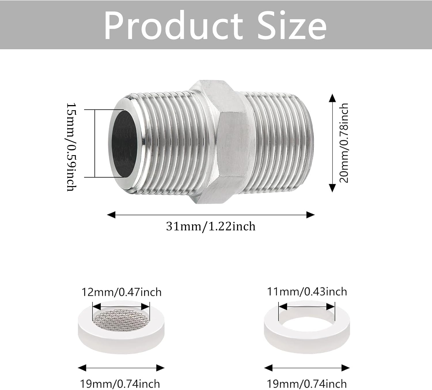 Adapter węża prysznicowego 1/2" ze stali nierdzewnej, podwójna złączka, przedłużka, złączka, złączka gwintowana, adapter z 1 szt. Bubbler, filtr napowietrzający, element 1 x uszczelka