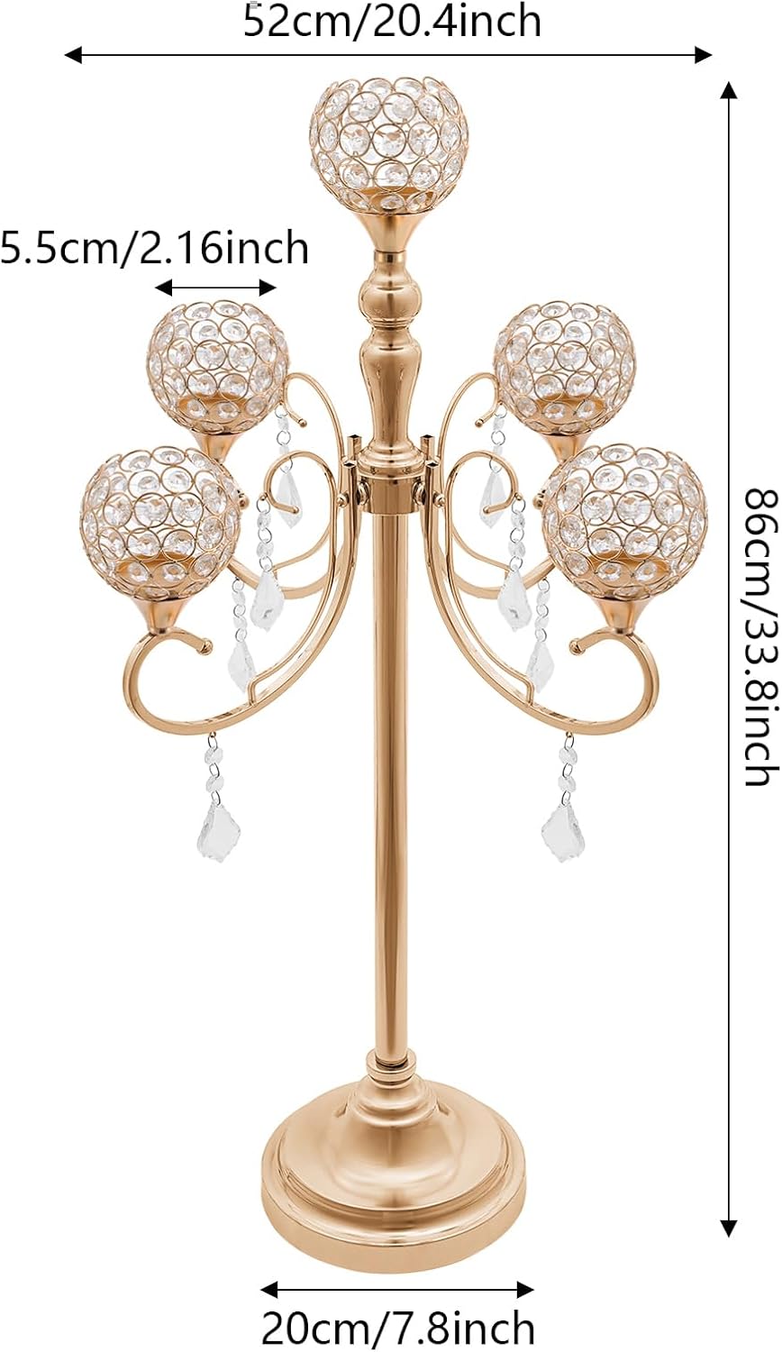 2 Pcs 5-Arm Crystal Candelabra Centerpieces for Table, 33.8 Inch Tall Gold Candle Holder Stand with Pendants, Elegant Candlestick Decoration for Wedding Party Home Dining