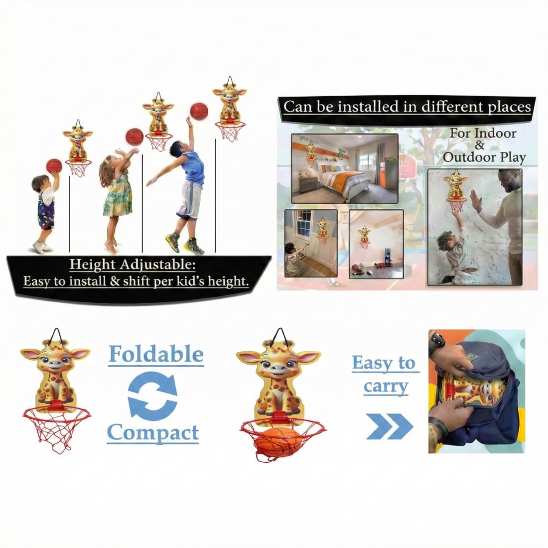 Asian Giraffe Wooden Basketball Board with Net & Ball | Indoor & Outdoor Kids Basketball Playset | Wall Mount Sports Toy for Boys & Girls | Skill Development Game 4