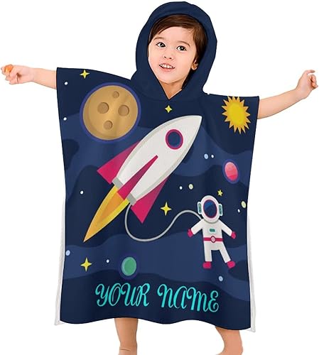 Toalla de playa personalizada con capucha de astronauta Rocket Planet para niños, toalla de baño personalizada para añadir tu nombre, toalla de baño