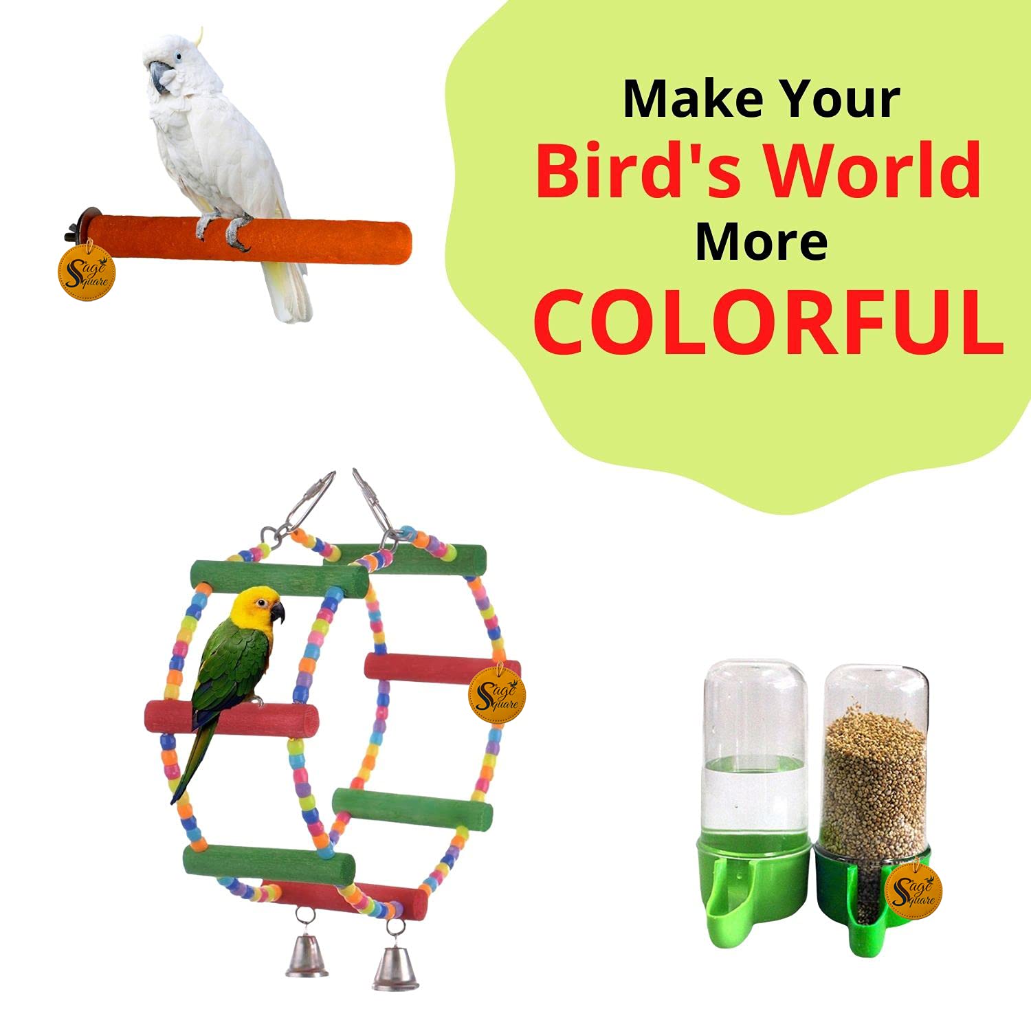 Sage Square Wooden Bird Toys Combo | Bird Feeder, Platform, Sand Perch, Wheel, Hanging Cage Accessory | for Budgie, Parrot, Cockatiel, Parakeet, Conure, Macaw etc 1