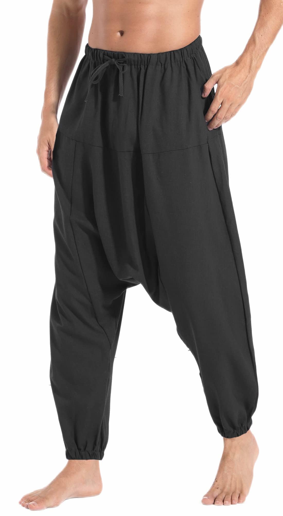 AITFINEISM, Pantaloni harem da uomo, comodi, con vita elasticizzata, alla moda, in tinta unita, casual, in stile hippie, per yoga