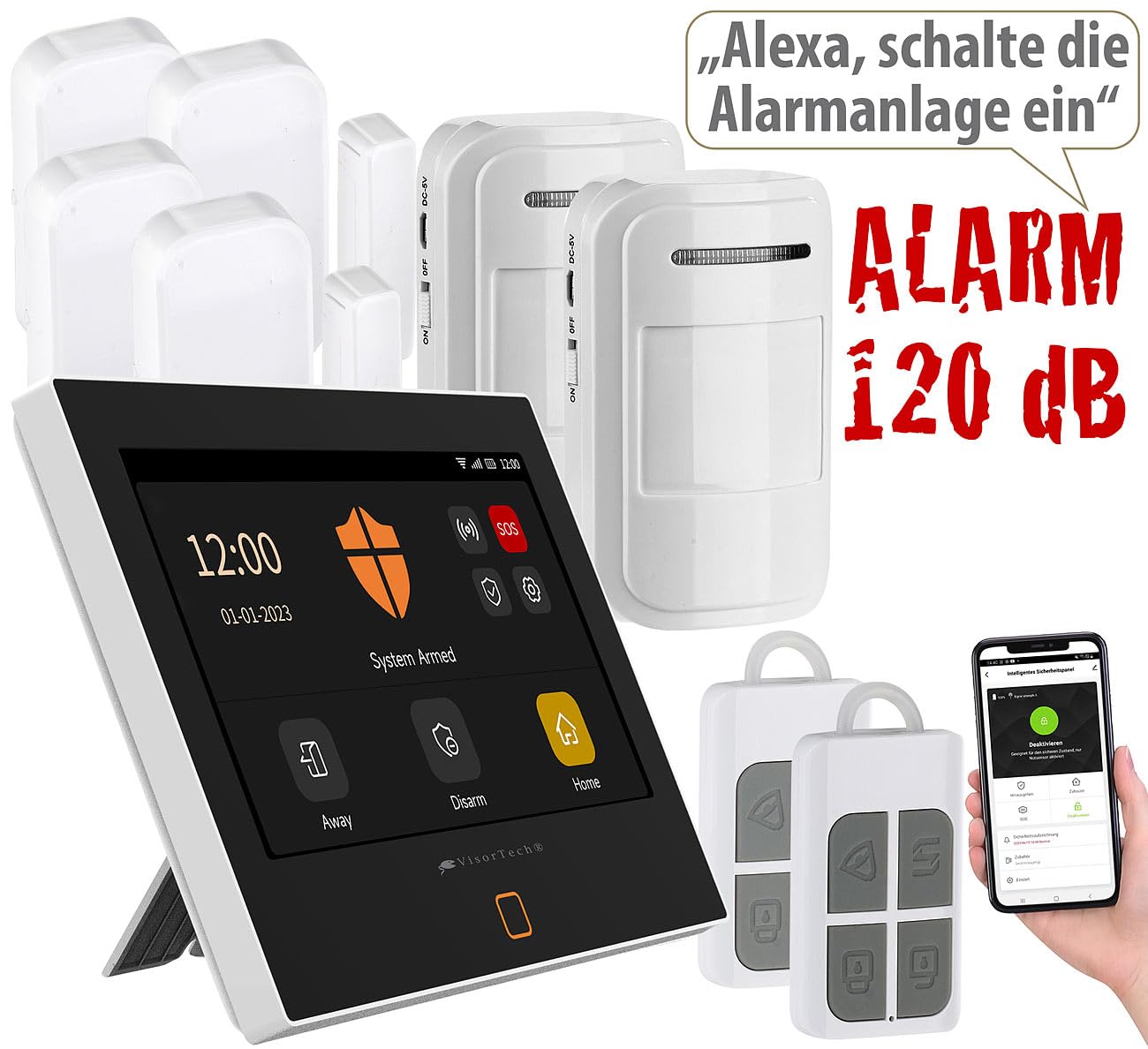 VisorTech Alarmsystem: 9-teiliges WLAN/4G-Alarmanlage-Set mit 2 Fernbedienungen & 6 Sensoren (Hausalarmanlagen, Alarmanlage Haus Funk, Wohnwagen)