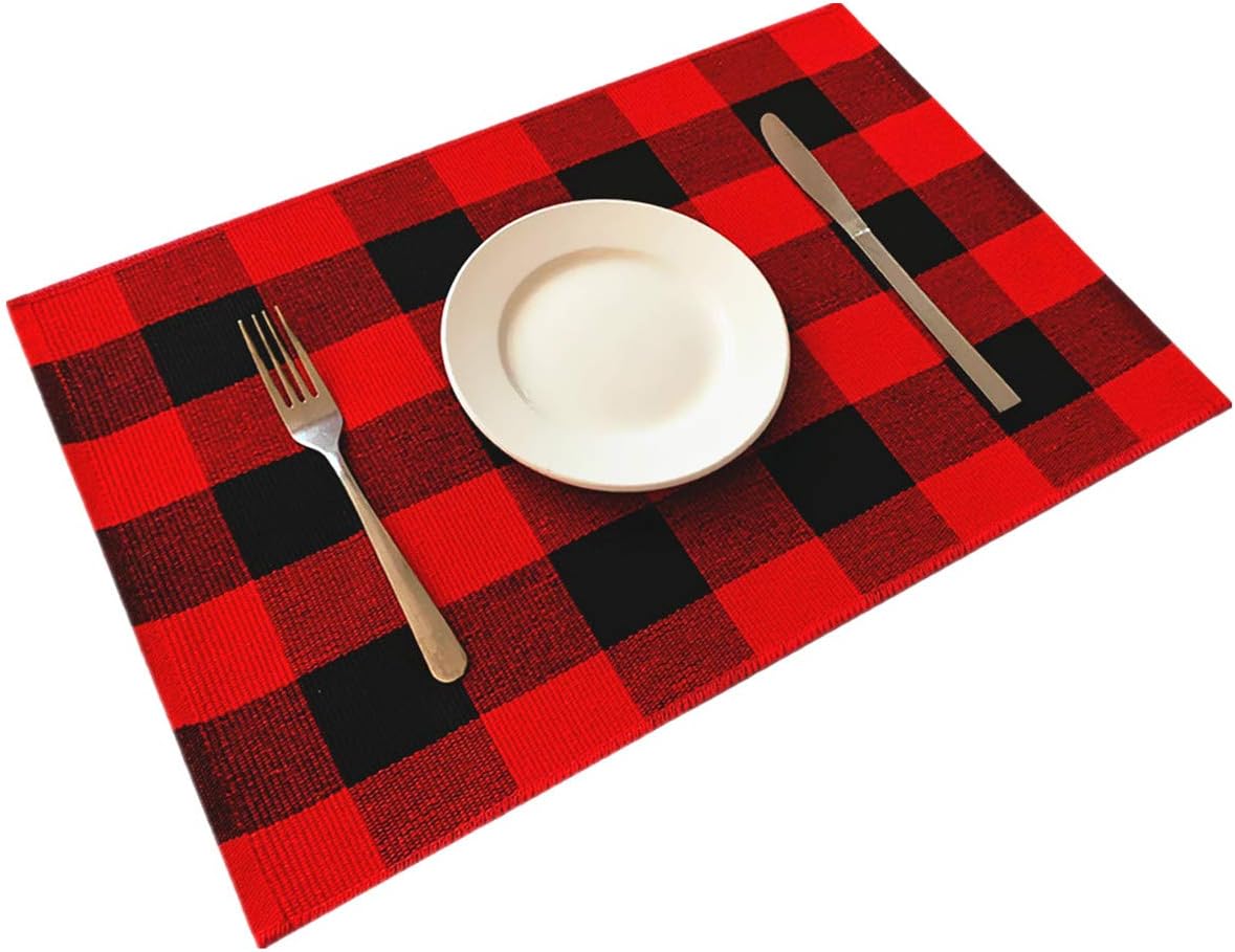 UKELER Placemats Set of 6 - Buffalo Check Plaid Placemats 100% Cotton Crossweave Plaid Woven Placemats Washable Decorative Heat Insulation Kitchen Table Mats, Black and White