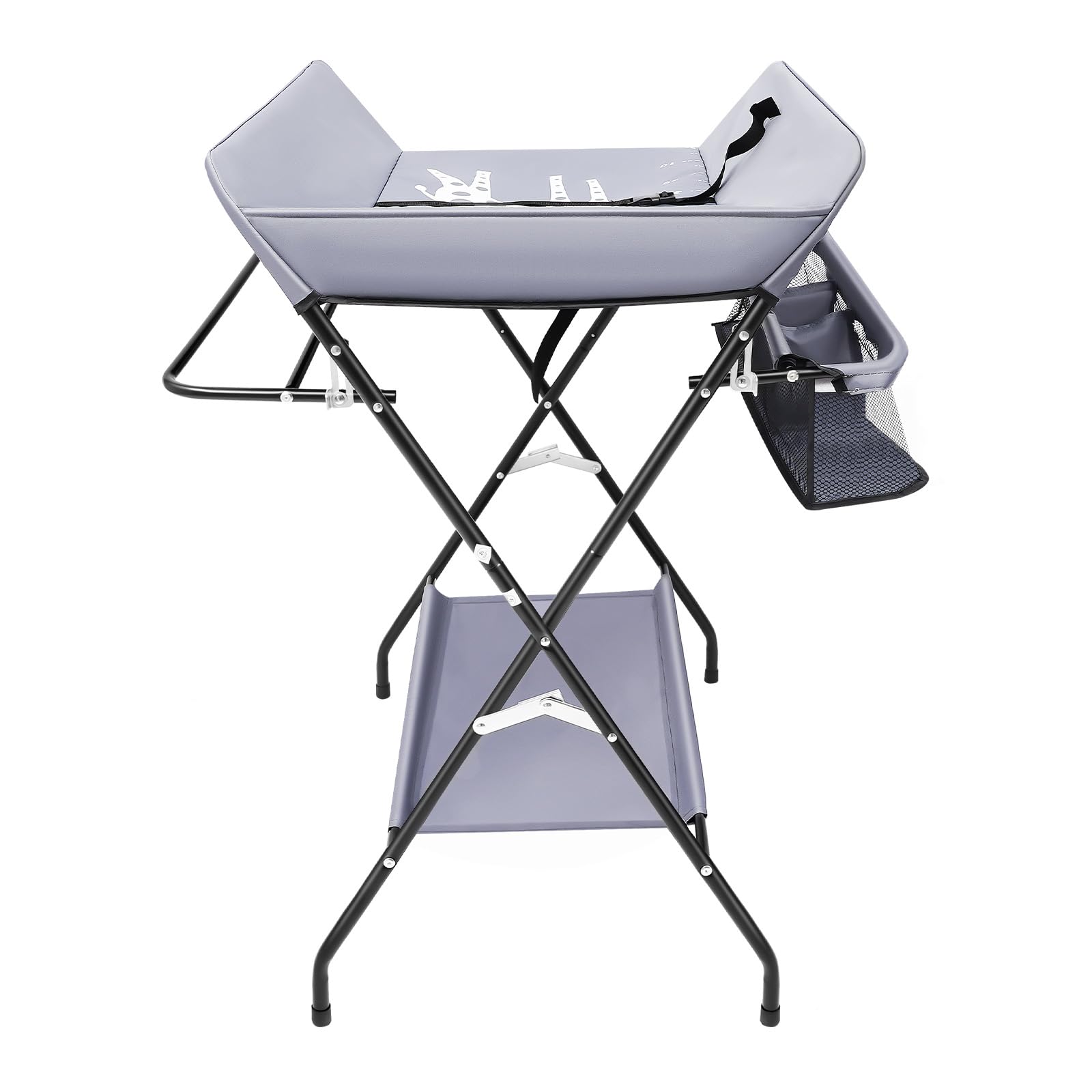 Gris oscuro plegable bebé cambiador altura ajustable pañal infantil estación de enfermería con barra colgante bolsa de almacenamiento estante abierto y ruedas con cerradura Dresser pañal