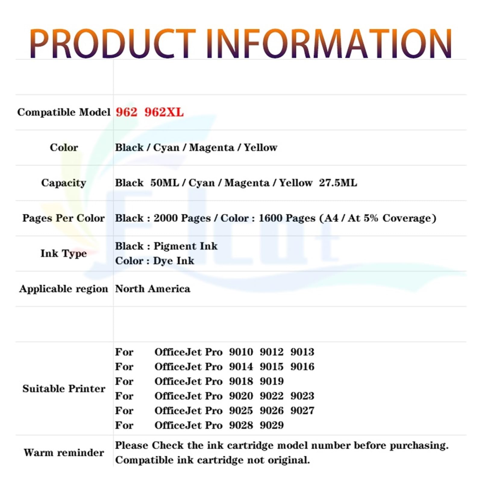 Cartuccia d'inchiostro 962XL 962 compatibile for HP OfficeJet Pro