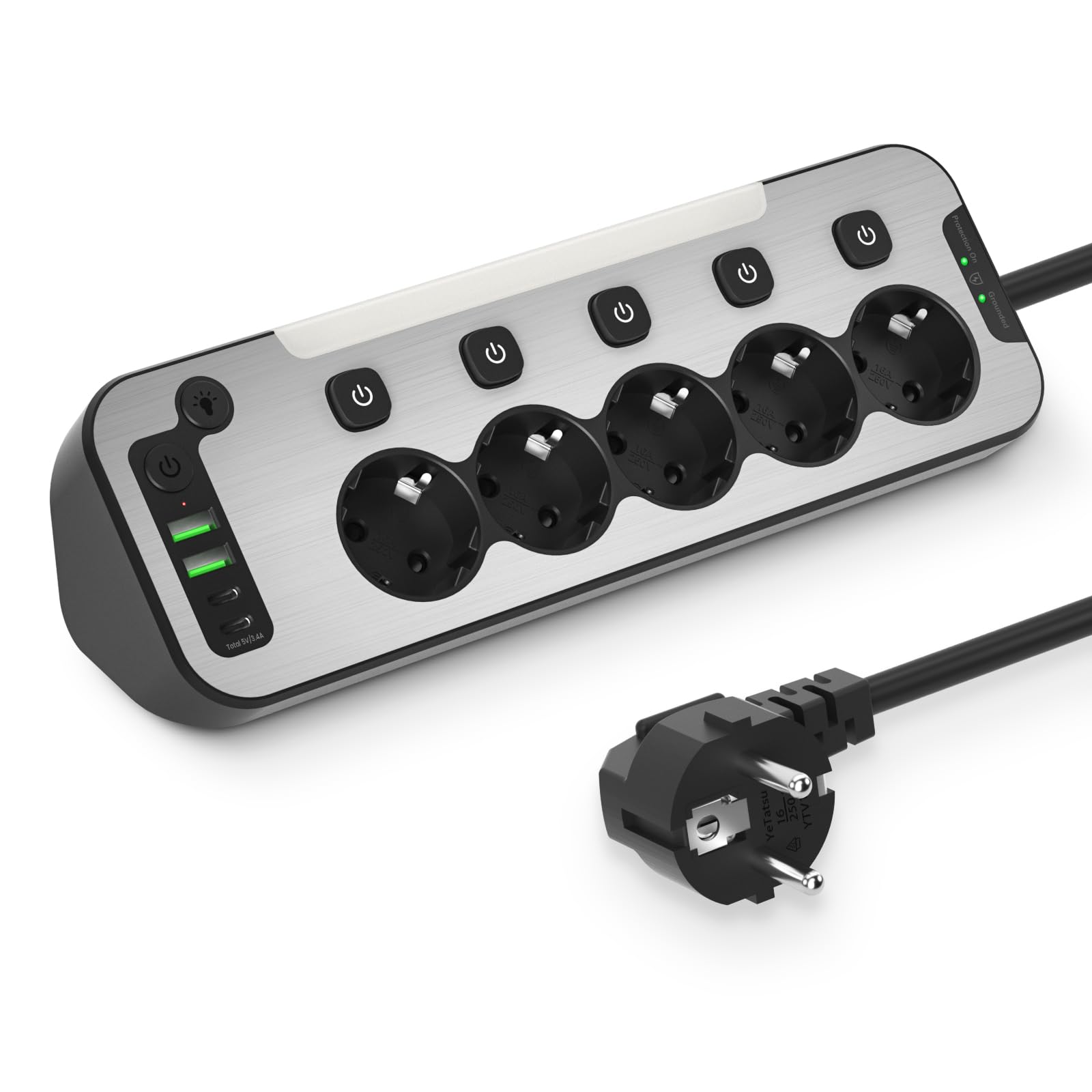 Desk Power Strip, Multiple Socket with Individual Switch, Stainless Steel Surface Corner Plug, Kitchen Worktop Electrical Block, Surge Arrester and Surge, Extension Cable 2M, Black