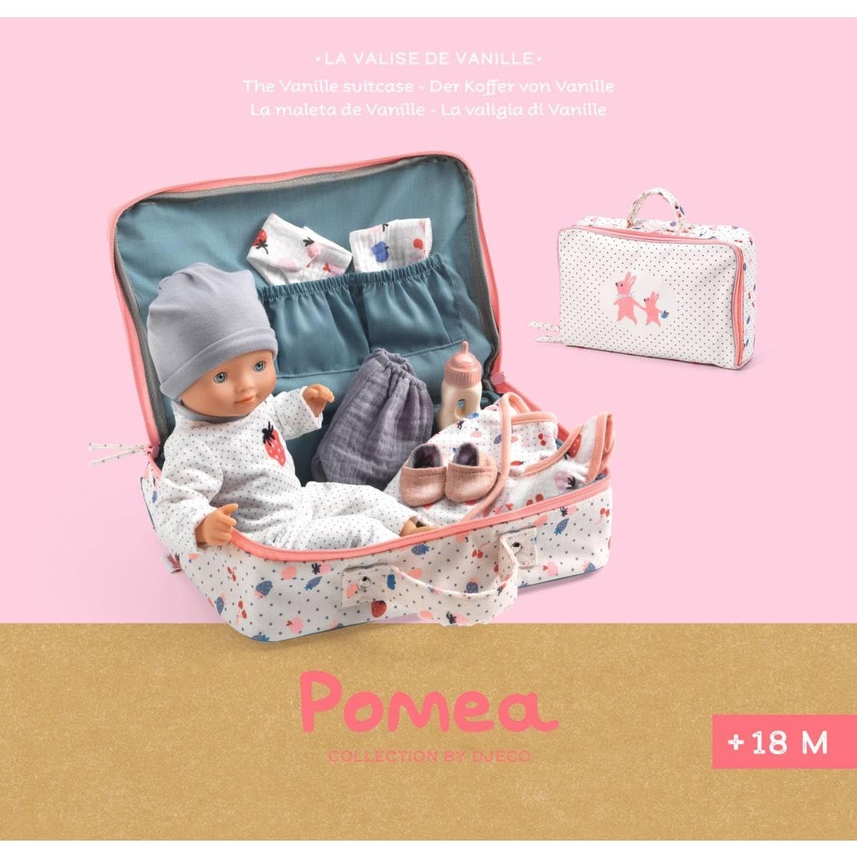 Djeco Puppe Vanille im Koffer | POMEA Babypuppe 32 cm mit Zubehör, weicher Körper, Schlafaugen, Kleidung & Accessoires | ab 18 Monate, Puppenset für unterwegs