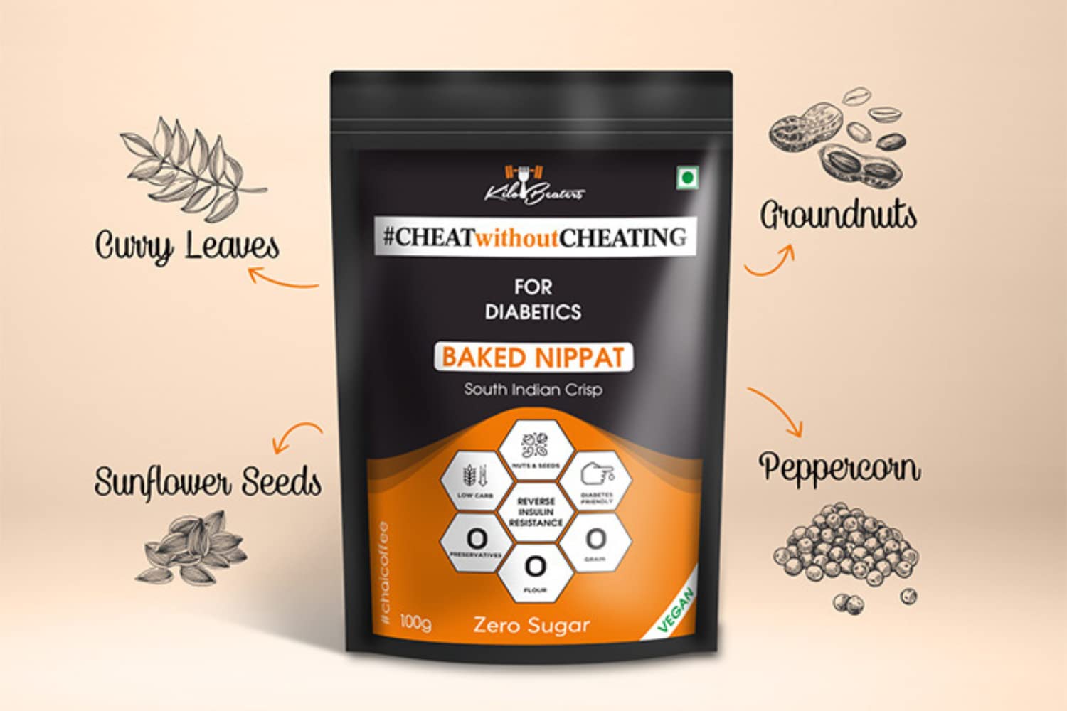 Kilobeaters Diabetics Friendly& Fitness Enthusiasts Vegan, No Preservative, Zero Grain & Zero Sugar South Indian Baked Nippat - (100 gm, Pack of 2) - Image 3 thumbnail