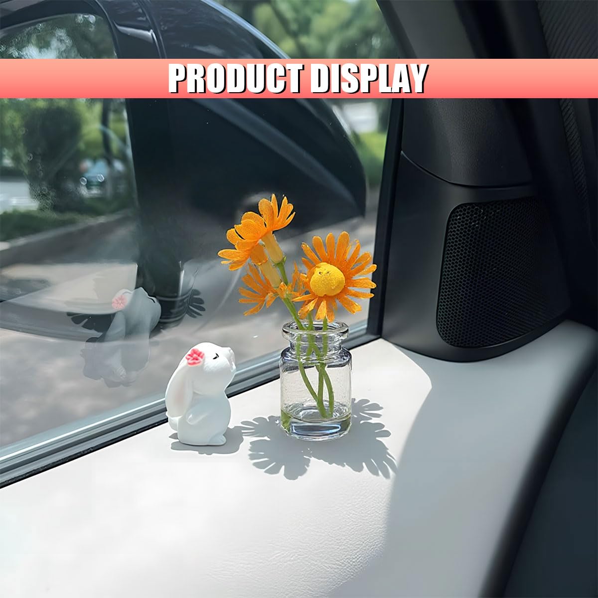 Cute Rabbit Car Dashboard Decorations Funny Bunny Rear View Mirror Accessories with Daisy Flower Aesthetic Decorations Interior Ornament — view 4