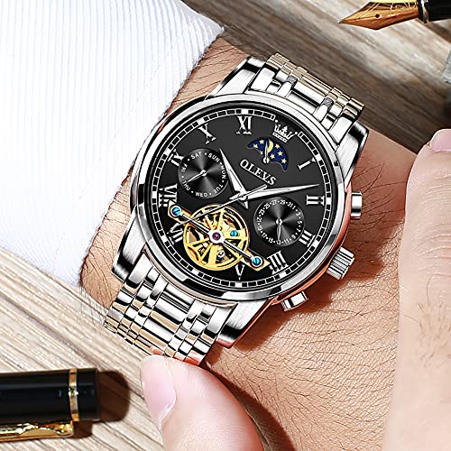 Image of OLEVS Men Watch Automatic Mechanical Skeleton Moon Phase Dress Business Stainless Steel 3AT Waterproof Luminous Men Wrist Watch