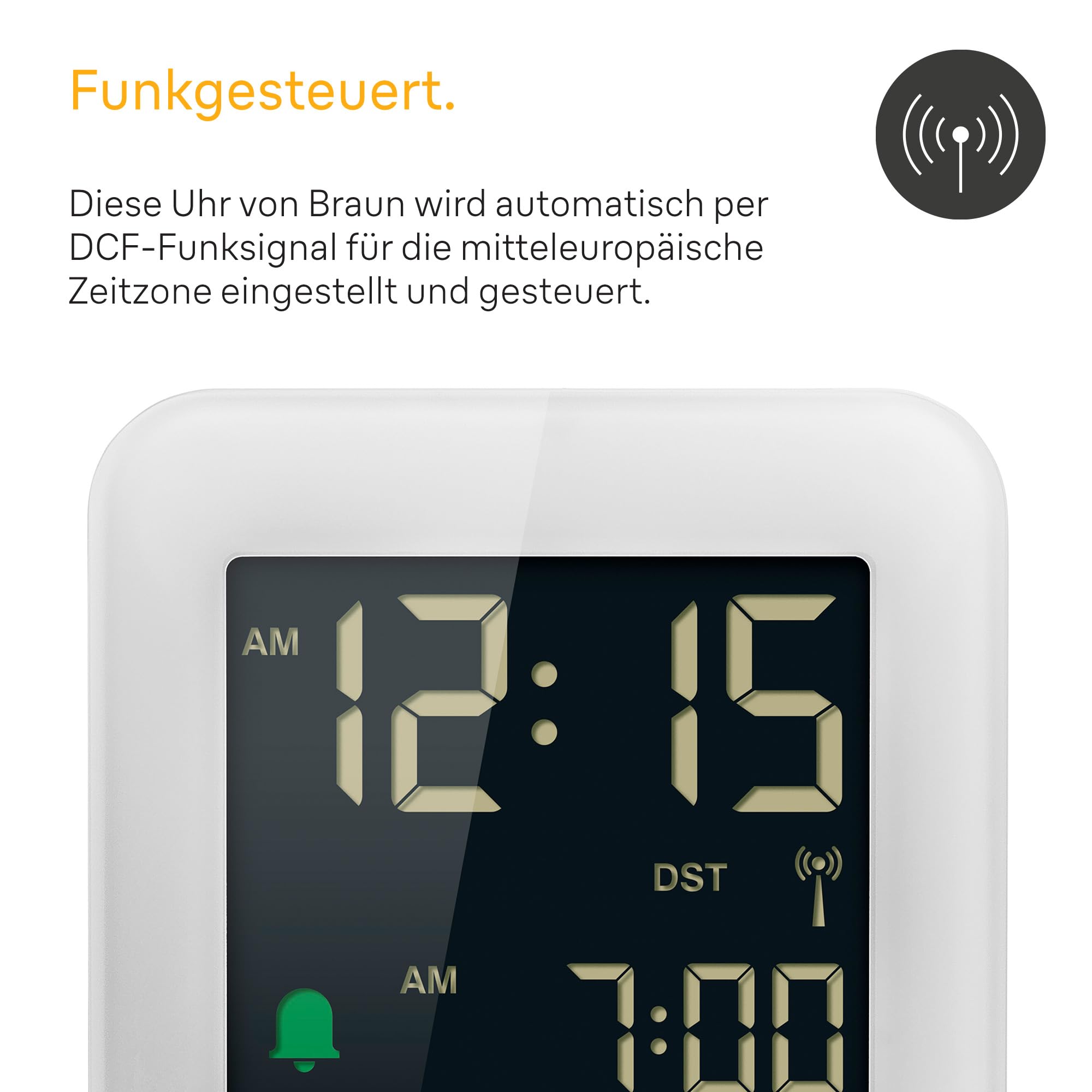 Braun Digitaler Reisewecker Mitteleuropäische Zeitzone (MEZ) mit Schlummerfunktion, kompakte Größe, Negatives LC-Display, Schnelleinstellfunktion, Crescendo-Alarm in Weiß, Modell BC08W-DCF