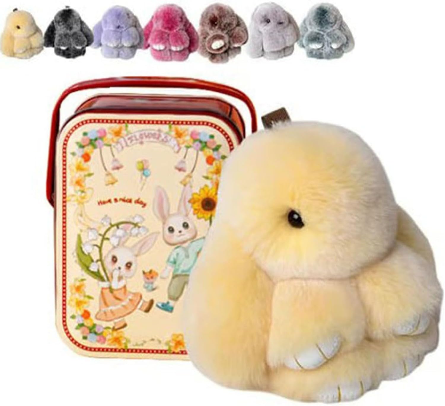 XIUNYIE Easter Bunny Plush Keychain in Iron Gift Tin, Fluffy Rabbit Keyring Kawaii Soft Furry Pendant for Handbag or Backpack Cute Decorative Charm, Birthday Christmas, #B