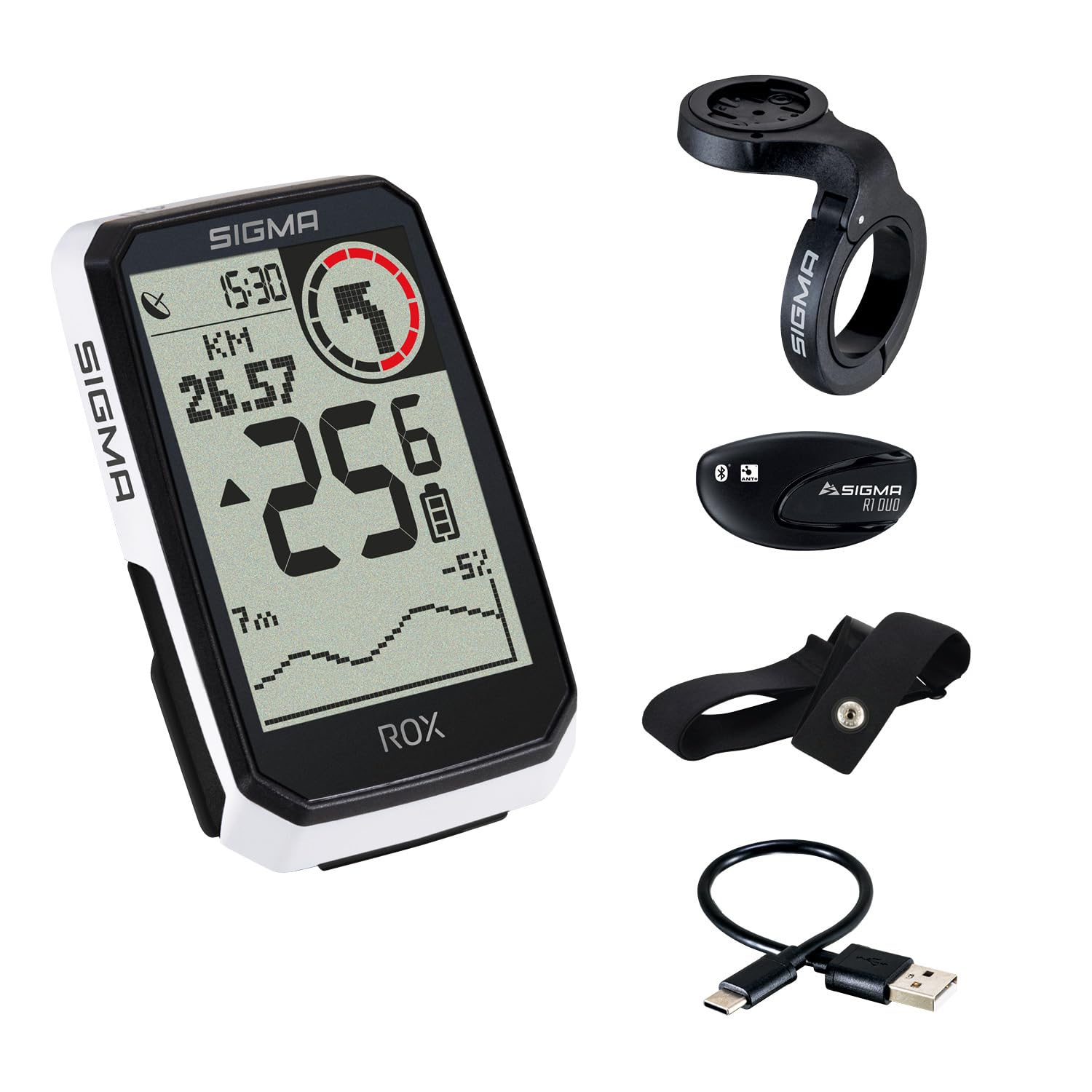 SIGMA ROX 4.0 ENDURANCE White HR Set | con sensore HR e OVERCLAMPBUTLER | GPS wireless | Compatibile con le bici elettriche | Misurazione dell'altitudine |Autonomia di 41 ore