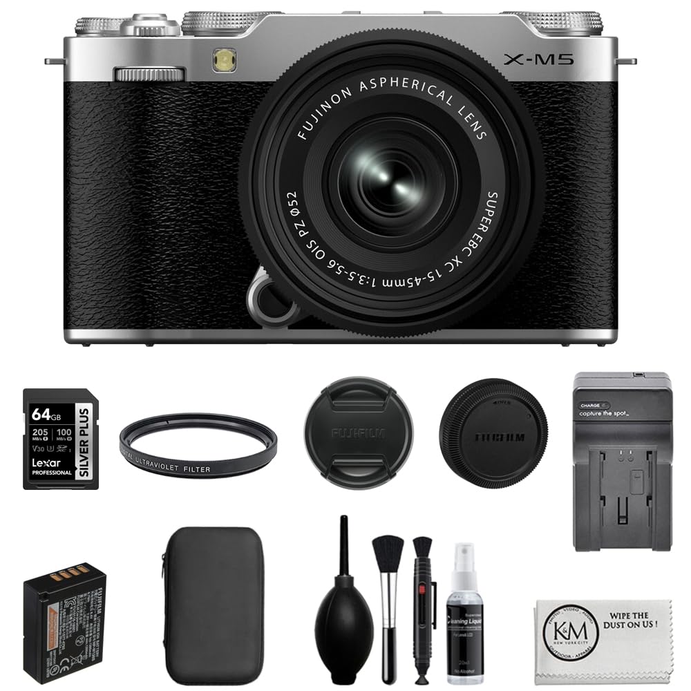FUJIFILM X-M5 Mirrorless Camera with XC 15-45mm f/3.5-5.6 Lens | Silver Bundle with 64GB Memory Card + Battery Charger + UV Filter + Deluxe Photo