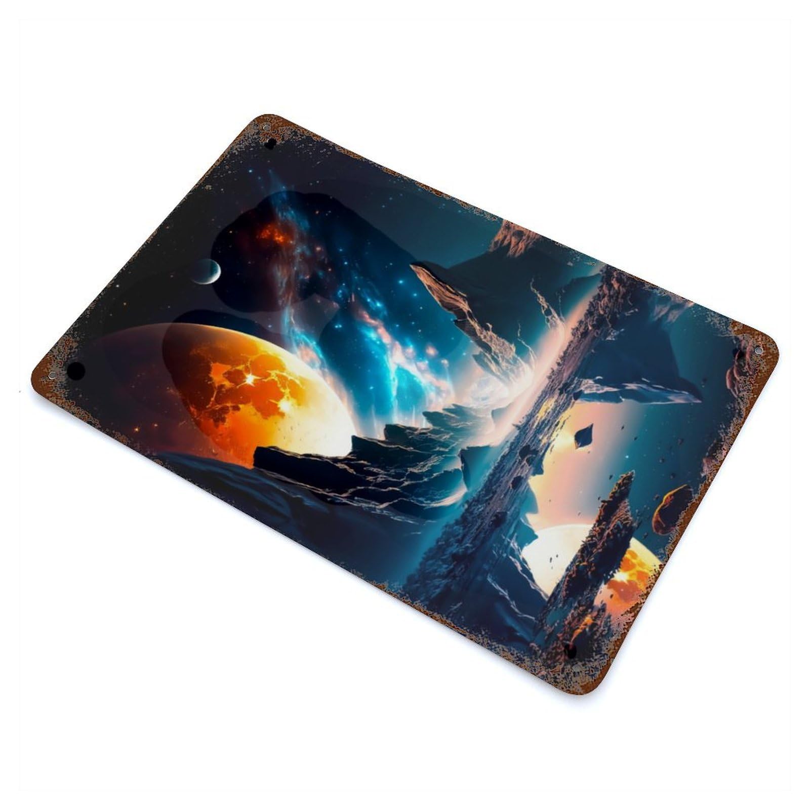 Rustic Tin Plaque with Martian Lake Design 11.8"x7.9", for Cafe, Home Bar And Lounge Decor, Industrial Home Decor
