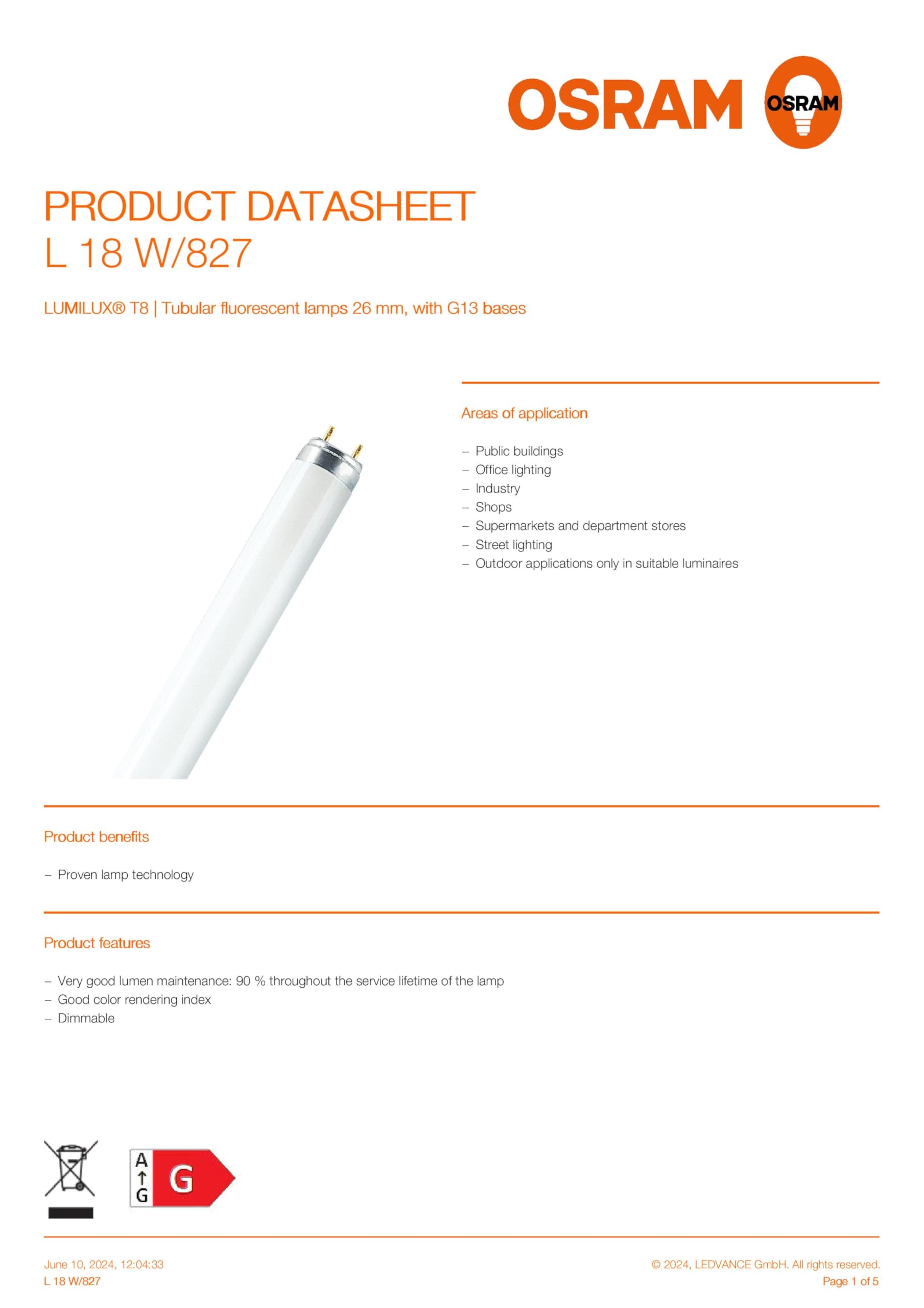 Osram,Osram 827 lineari lampadine fluorescenti 18 Watt Confezione da 10