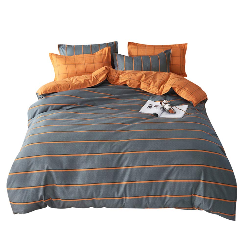 ED-Lumos Funda nórdica Microfibra Juego de Ropa de Cama ４ Piezas Cama 105cm Funda de edredón 180x220cm Sábana encimera 230x230cm Funda de Almohada 48x74cm Poliéster Rayas Gris Oscuro Naranja