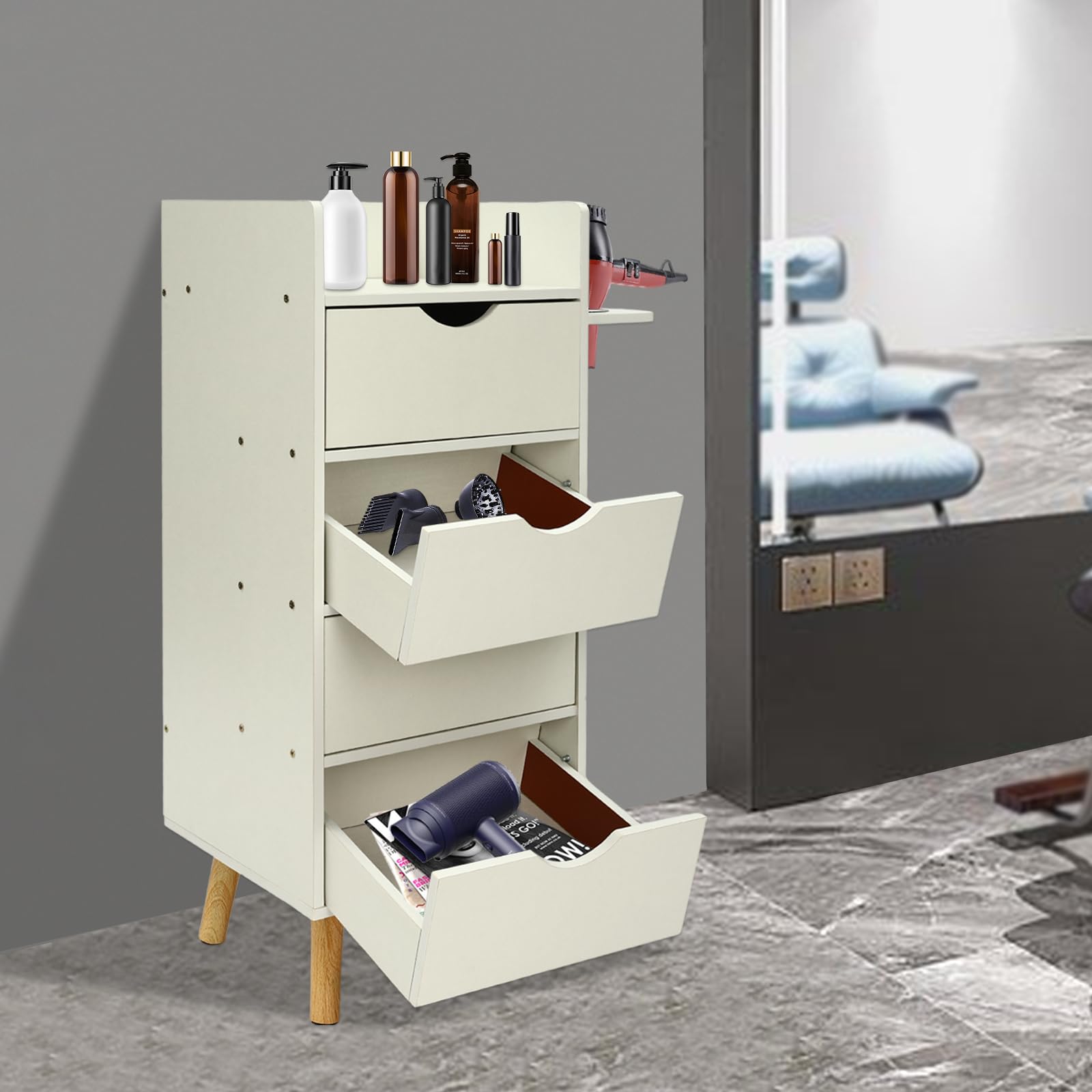 HuaShuani Salon Storage Cabinet with 2 Hair Dryer Holder, Barber Storage Cabinet Hair Stylist Station with 4 Drawers and Raised Table Legs for Beauty Spa Barber Shop (White)