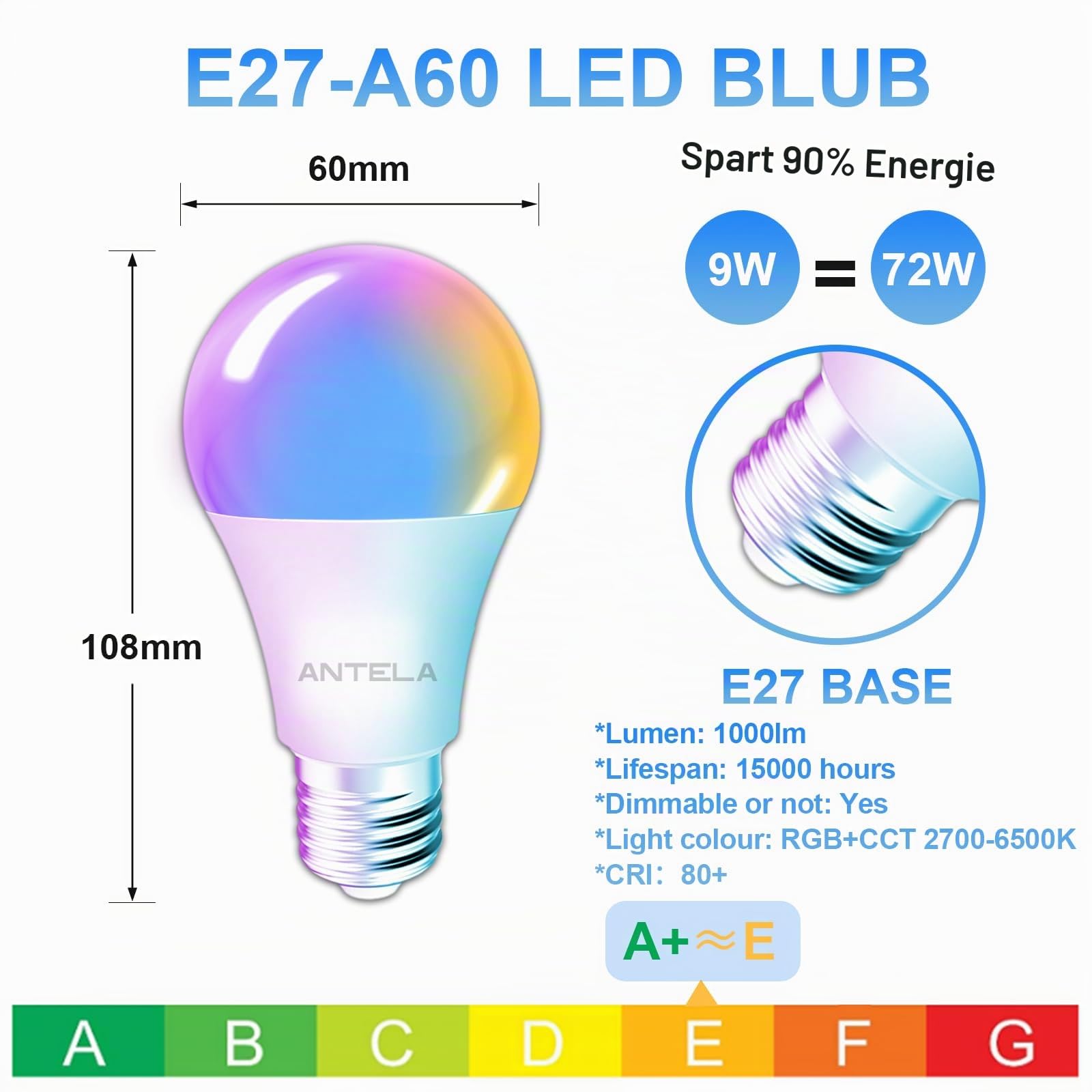 ANTELA Alexa Glühbirne E27 9W 1000LM RGB Smart WLAN LED Dimmbare Birne Lampe, Kompatibel mit Google Home, Smart Life APP, 2700K-6500K Warmweiß Kaltweiß Licht, 4 Stück