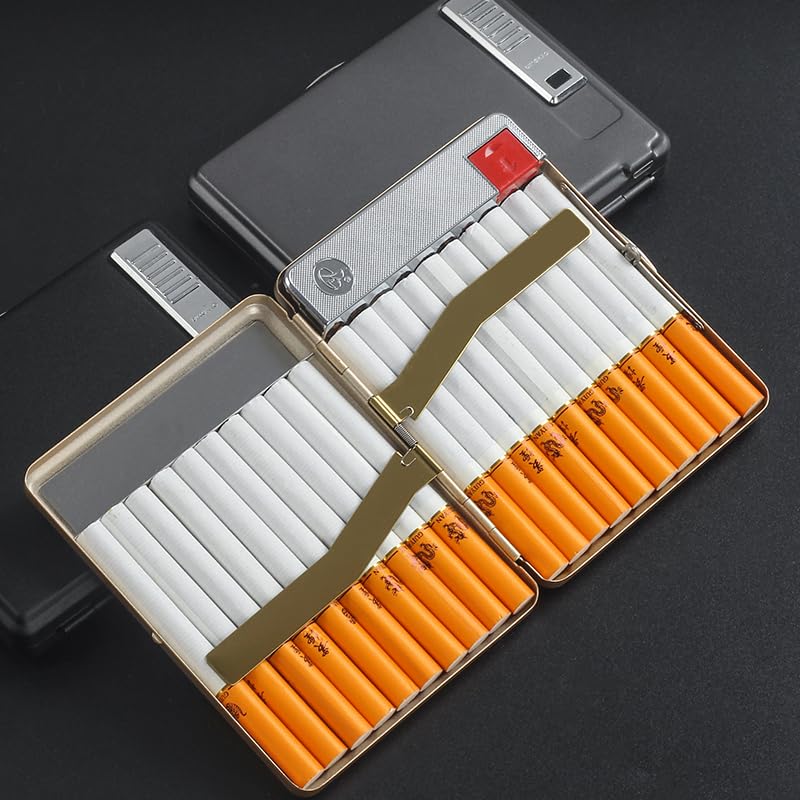 Cigarette Case with USB Lighter 20pcs 84mm Regular/King Size Cigarettes Box Built-in Electric Rechargeable Flameless Windproof Lighter (Black)