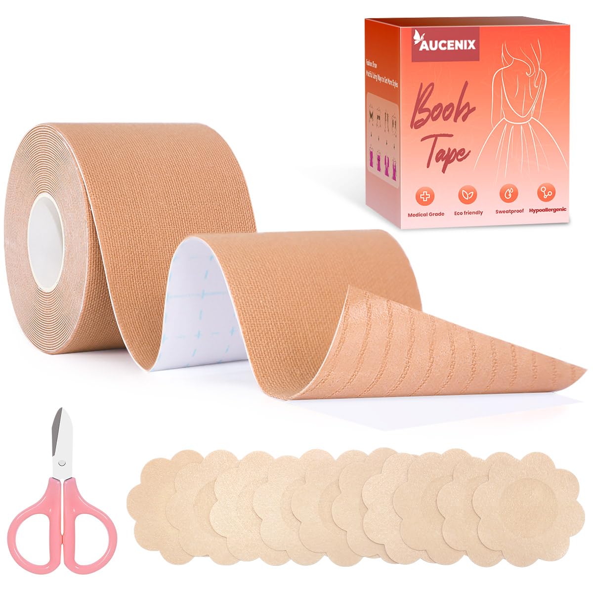 Aucenix Women's Skin Colour Tape Breast Lifting Large Breasts With Disposable Nipple Covers For Push Up Chest Lift Tape For A-E Backless (, 1.97In*16.4Ft)