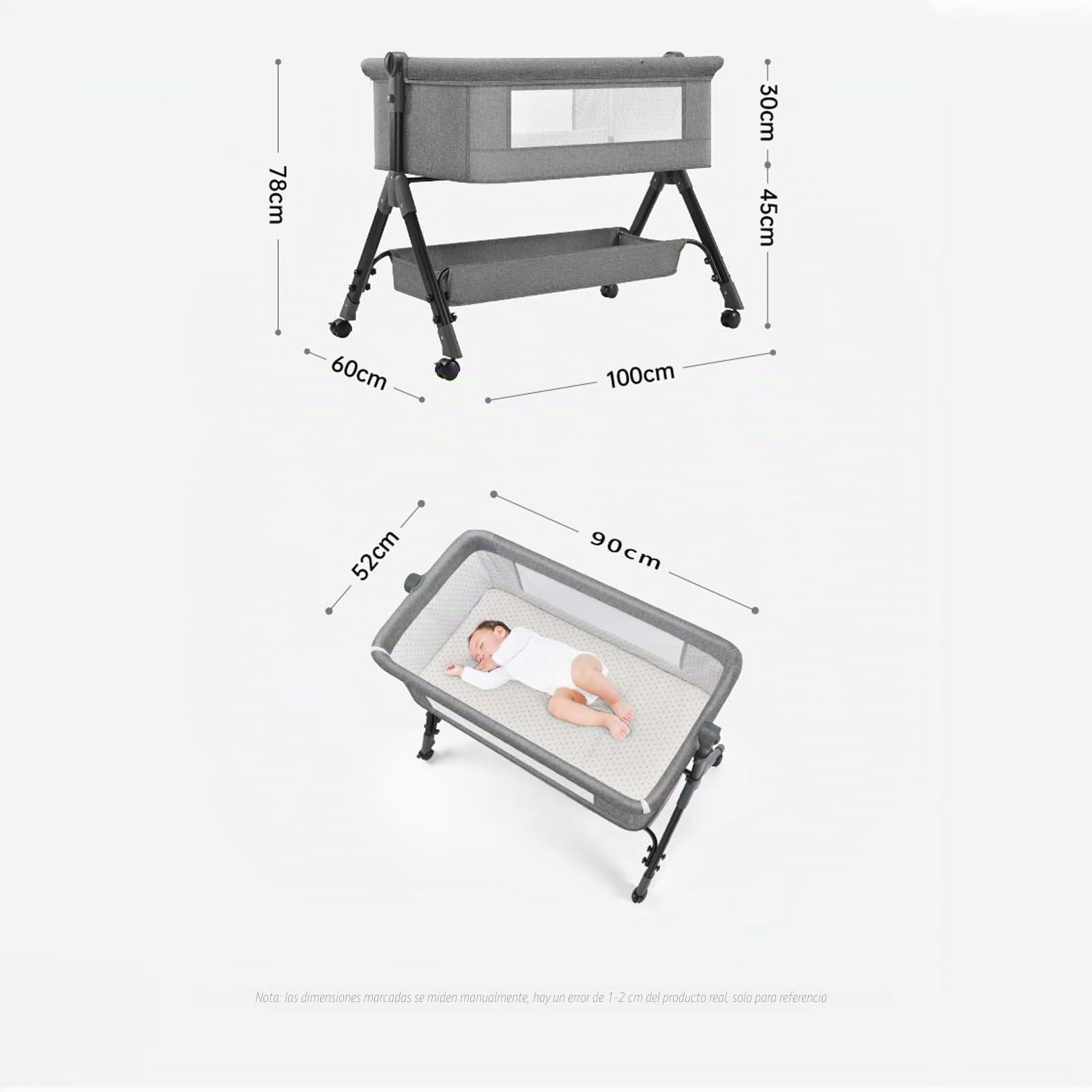 Cuna de noche portátil, altura ajustable, con cesta de almacenamiento de mosquitera, gris y negro (KHAKI)