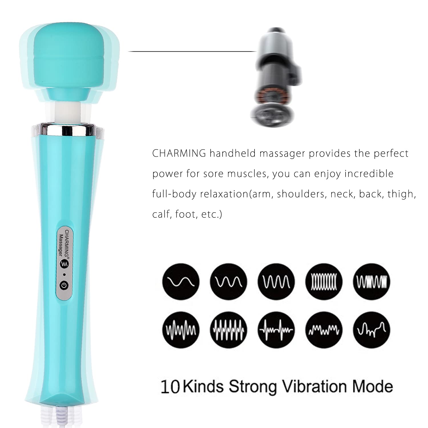 CHARMING Wired Powerful Handheld Massager with Strong 10 Vibrations Back Massage, Personal Therapy Massager for Sports Recovery, Muscle Aches, Full Body Pain (): Light Blue