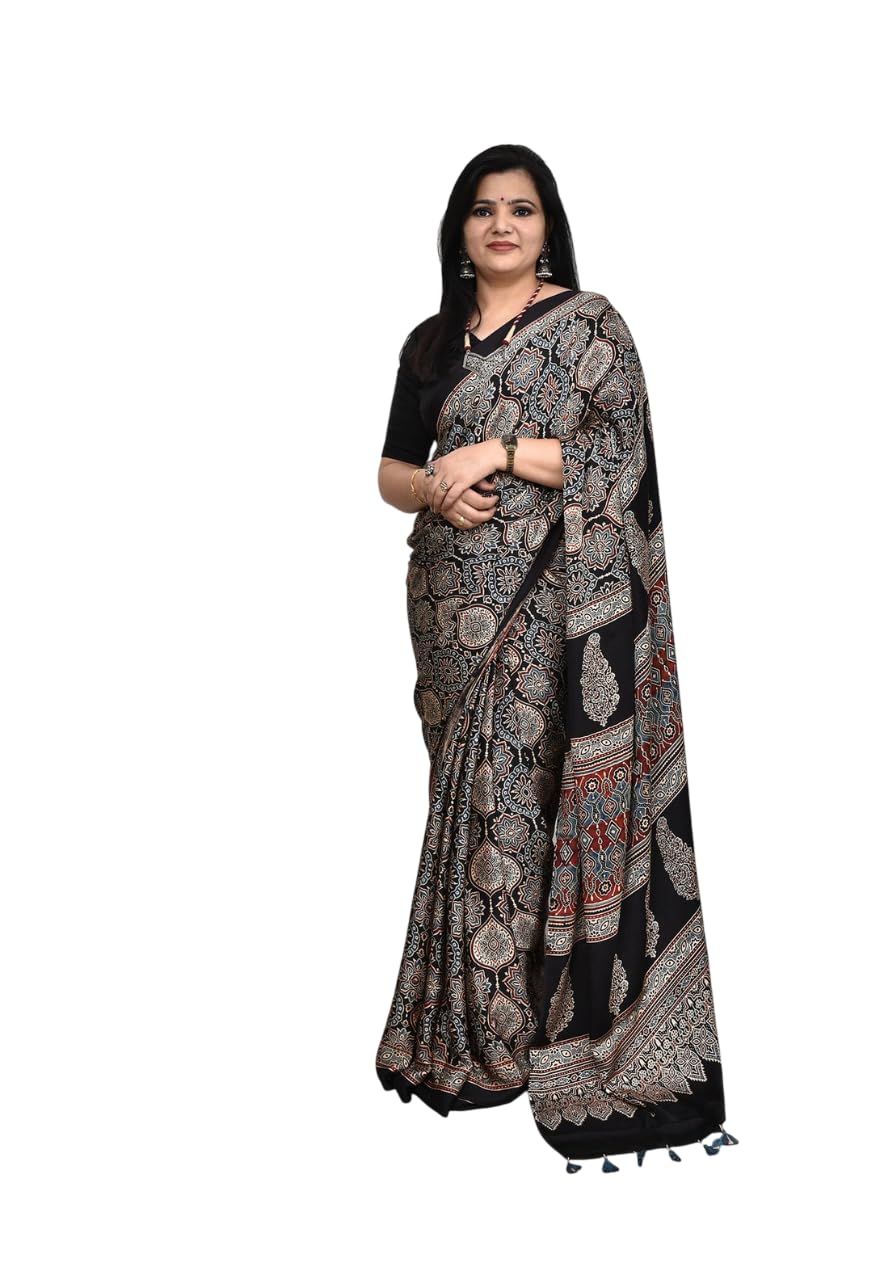 Modal Silk Ajrakh Saree Ikkat Nakshi Bandhej Geometric Print Designer Pallu Attach Blouse Piece-image-9