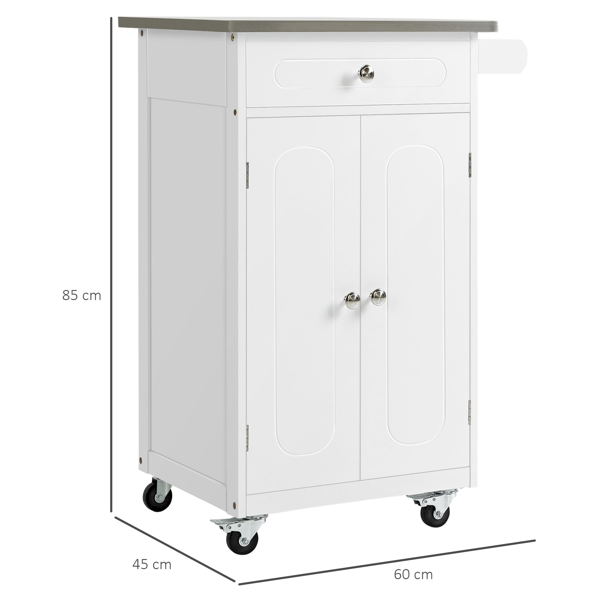 HOMCOM Carro de Servicio de Cocina con Ruedas, multialmacenamiento, 1 cajón Armario 2 Puertas con Estante para paños de Cocina, MDF, Color Blanco