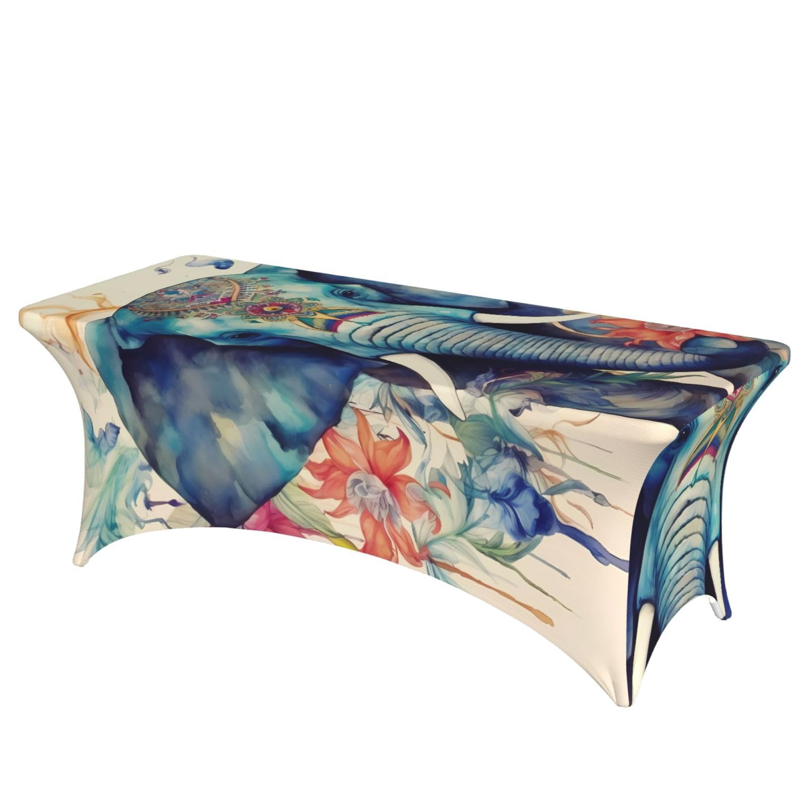 DWVTSLH 6FT Spandex Table Covers for Rectangle Tables, Wrinkle Resistant Stretch Tablecloths, Ultimate Fitted Peacock Feathers Elephant Table Cloth for Party, Wedding, Banquet