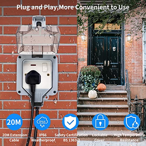 Mscien Outdoor Waterproof Extension Lead 20M Extra Long Extension Cord IP66 Waterproof Extension Cable 1 Gang Garden Extension Lead Outside Use Single Switched Weatherproof Outdoor Sockets - Image 3