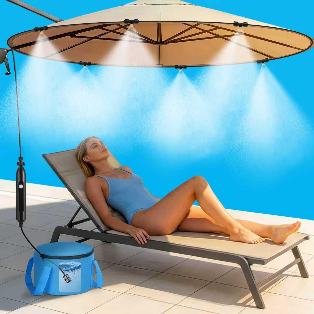 Système de brumisation portable avec pompe, ligne de brumisation DIY de 8 m et 6 buses en laiton, sac à eau de 15,1 l, rechargeable par USB (4 500 mAh), système de refroidissement extérieur pour