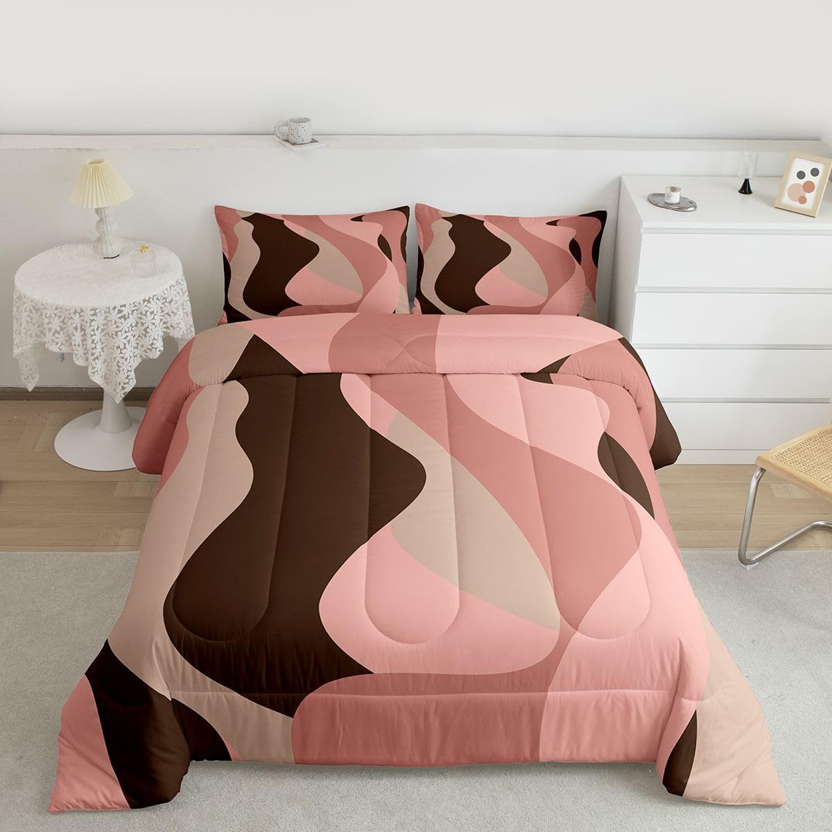 Erosebridal Pink and Brown Bedding Sets Abstract Geometric Girls Comforter Set Queen,Retro Pink Brown Waves Ombre Bedding Comforter Sets for Teen Adult Women Modern Fashion Quilt Set 2 Pillow Cases