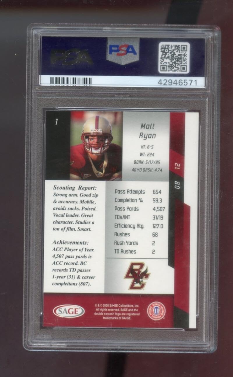 2008 Sage Aspire Sa-Ge #1 Matt Ryan ROOKIE RC PSA 9 Graded Football Card NFL Atlanta Falcons