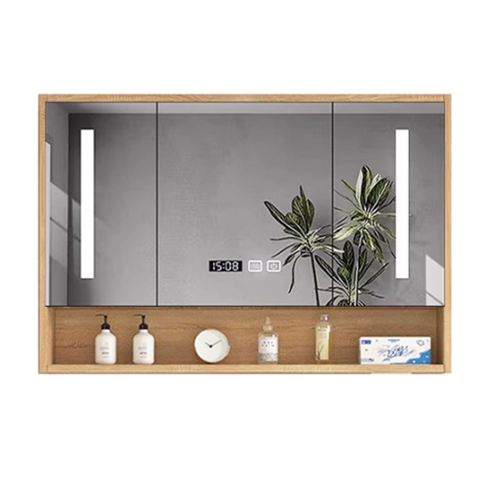 BKSXSOP LED Bathroom Mirror with Anti-Fog - Smart Touch Switch, Time Display & Solid Wood Storage Cabinet Illuminated Vanity for Home Decor Daily Use