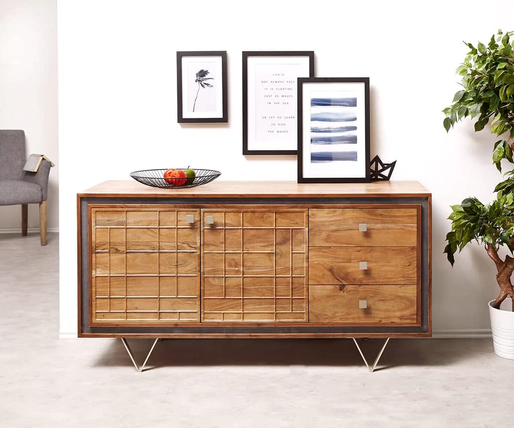 DEMIWALL Sheesham Wood Sideboard & Cabinets | Wooden Side Board Media Console Tv Cabinet for Living Room | Free Standing Buffet Cabinet with 3 Drawer & 2 Door Storage | Iron Legs, Natural & Black-image-29