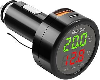 Encendedor de Cigarrillos Cargador USB QC3.0+PD3.0 Voltímetro de Coche Termómetro con pantalla LCD Temperatura Voltaje M...